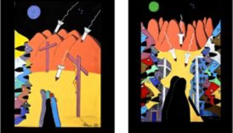 pittura: “Fermiamo il genocidio in Palestina” di Elvio Petrecca