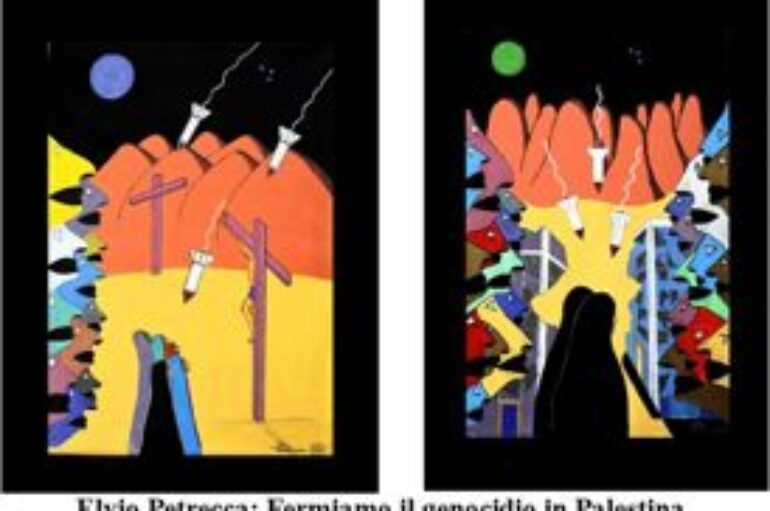 pittura: “Fermiamo il genocidio in Palestina” di Elvio Petrecca